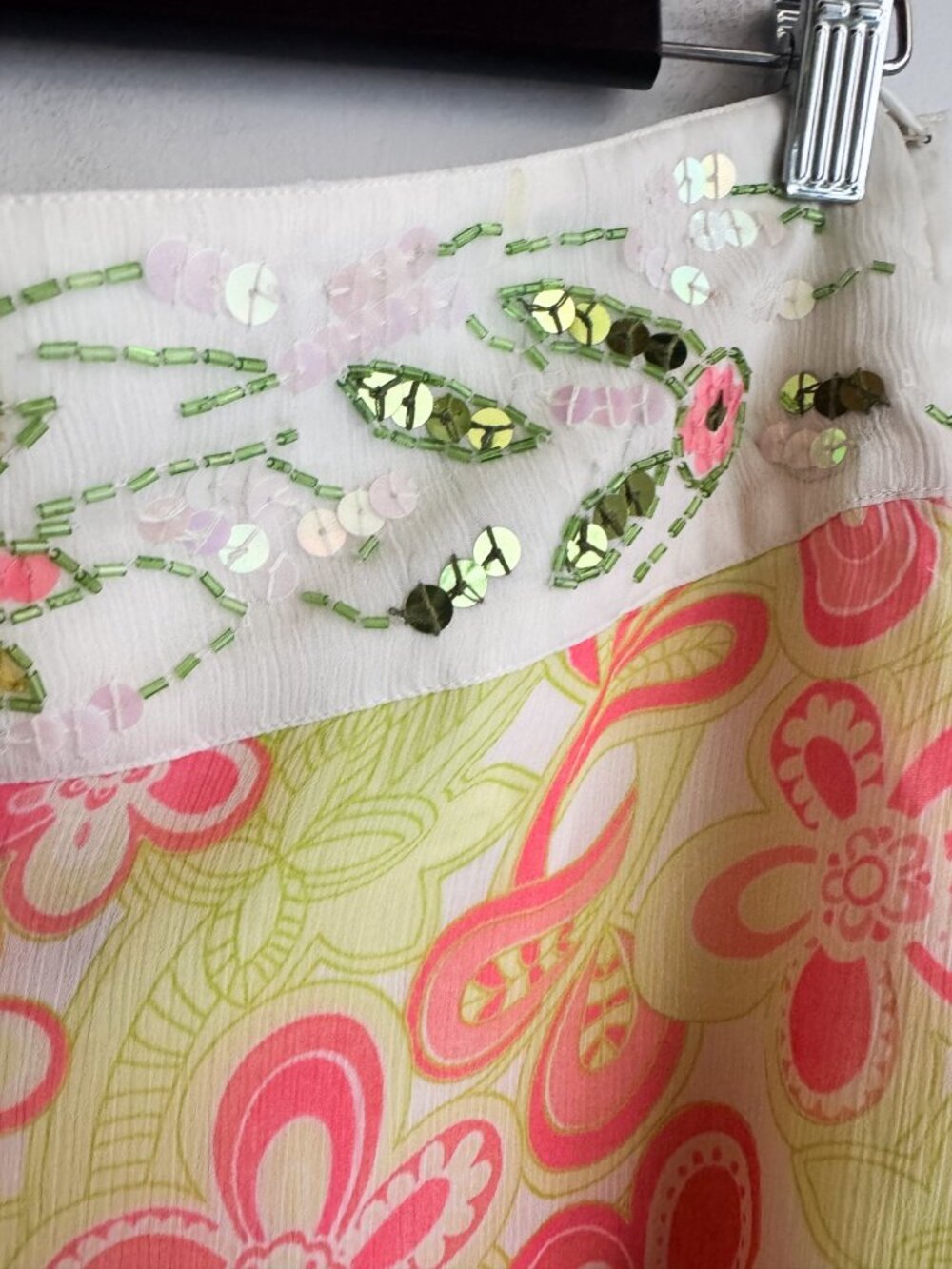 Vintage Y2K Green Pink Floral Sequin Beaded High Low Skirt Lizzy McGuire 8 - Picture 6 of 9